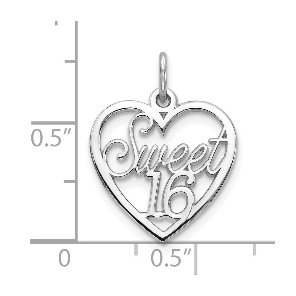 10K White Gold SWEET 16 In Heart Shape Charm Pendant L-20mm, W-16mm