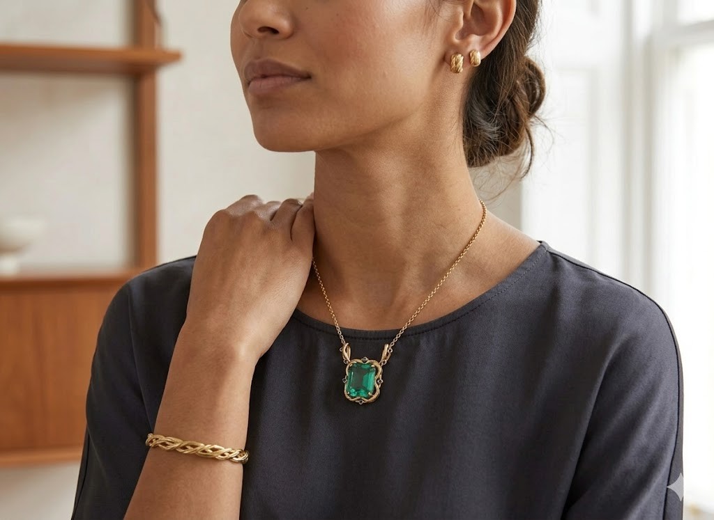 Vintage-Inspired Pendant 4CT Natural Green Emerald & Sapphire 14k Yellow Gold