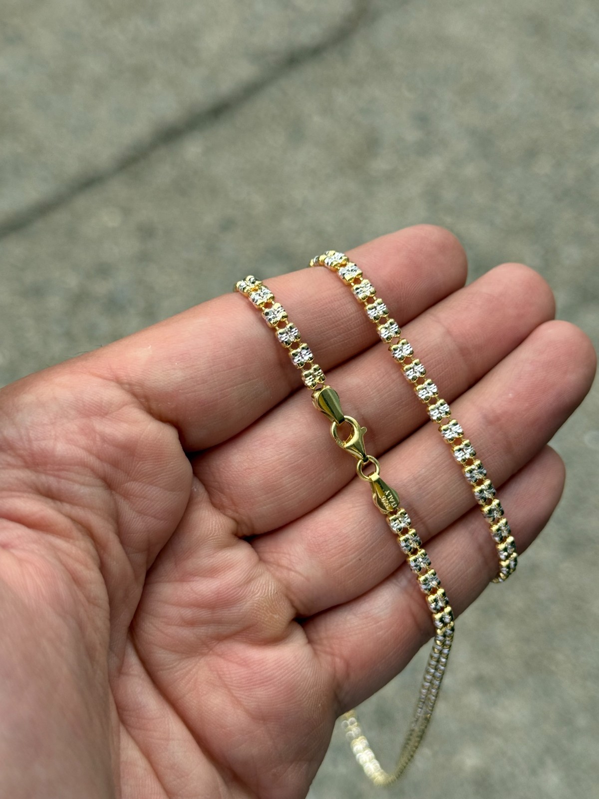 4mm 14k Yellow Gold Two-Tone Diamond-Cut Ice Link Chain 925 Sterling Silver