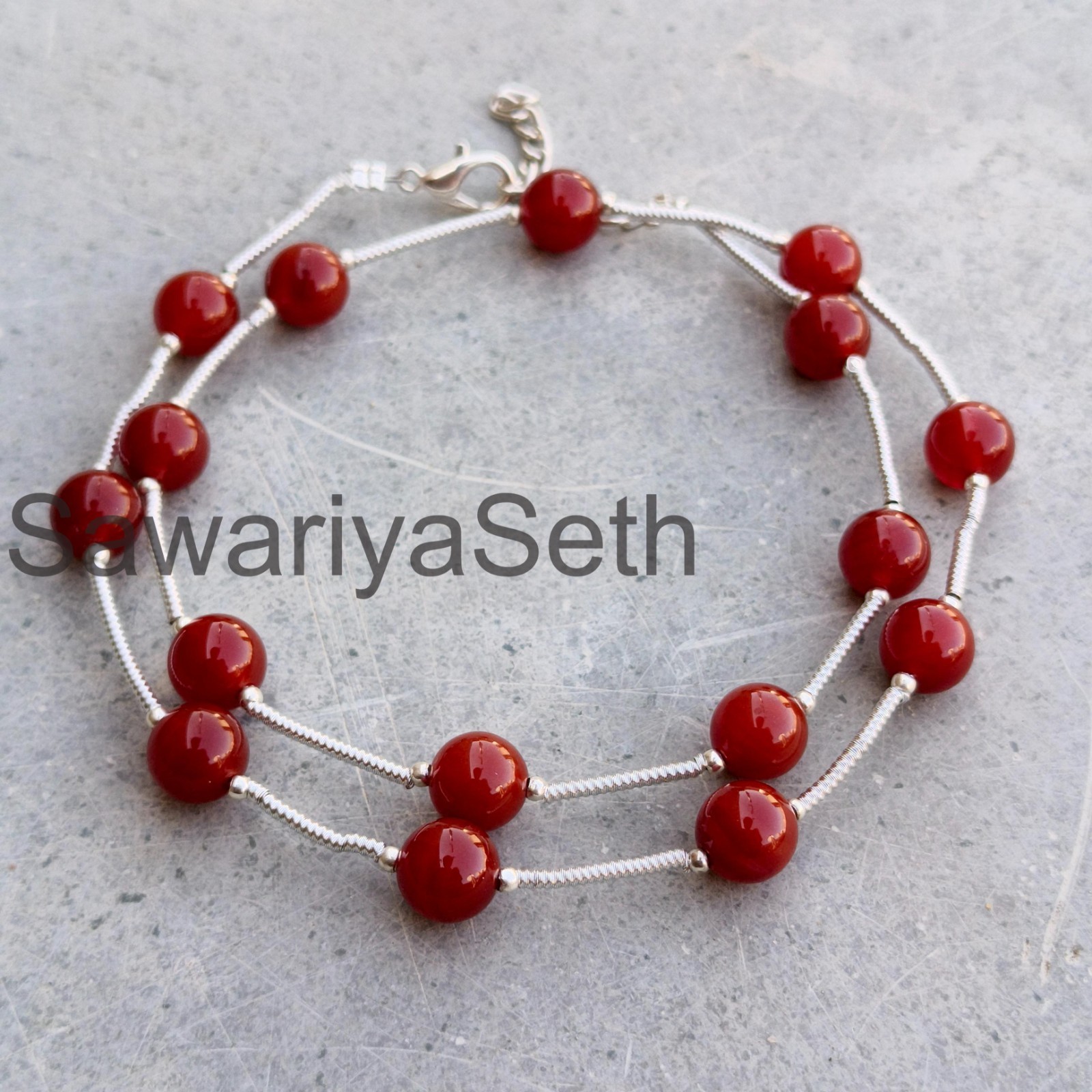 8mm Carnelian Gemstone Necklace, Sterling Silver Clasp, Boho Statement Jewelry