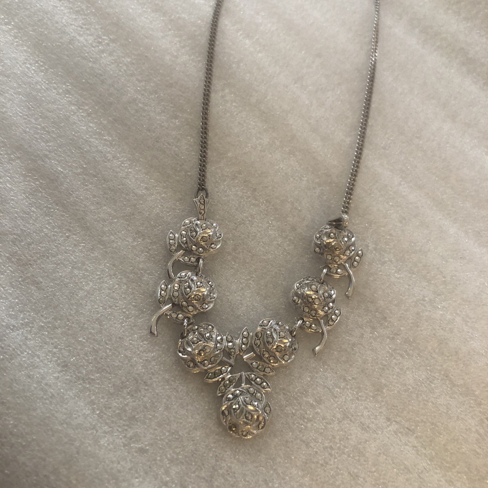 Sterling Silver Flower Necklace With Marcasite Gorgeous 17 Inches Long