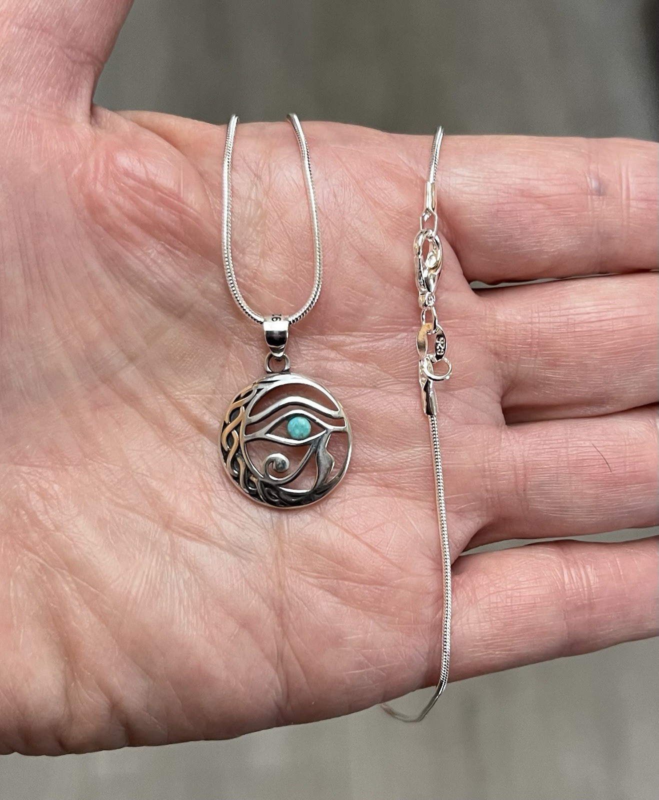 Sterling Silver Eye Of Horus Genuine Turquoise Pendant Necklace 18”Unique 🩵🌹