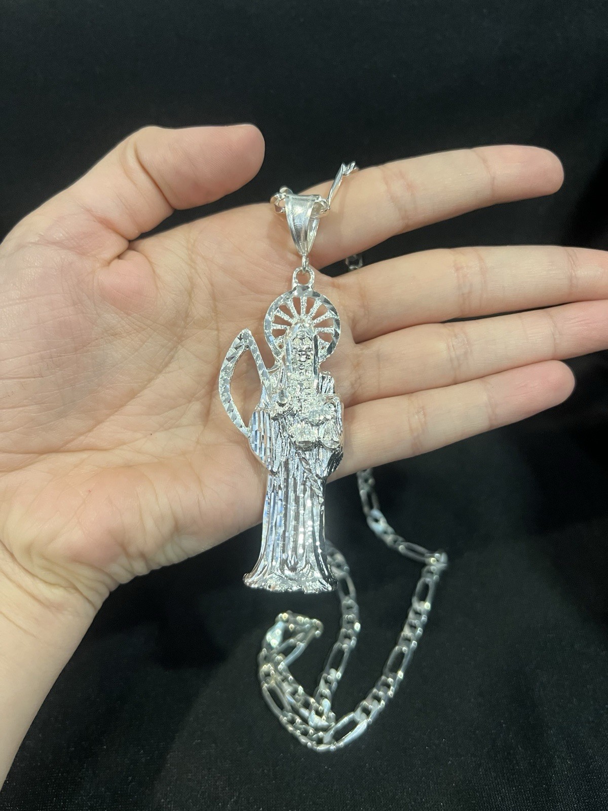 925 Sterling Silver BIG Men Women Santa Muerte Grim Reaper Figaro Chain 20 26 30