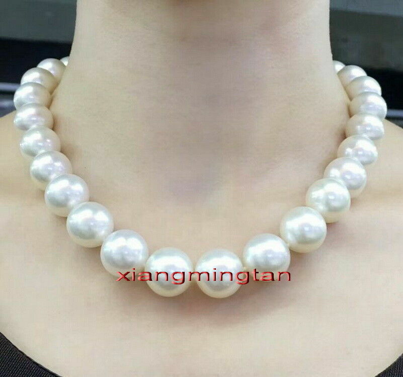 ROUND AAAAA 17″13-15mm real natural south sea WHITE pearl necklace 14K gold