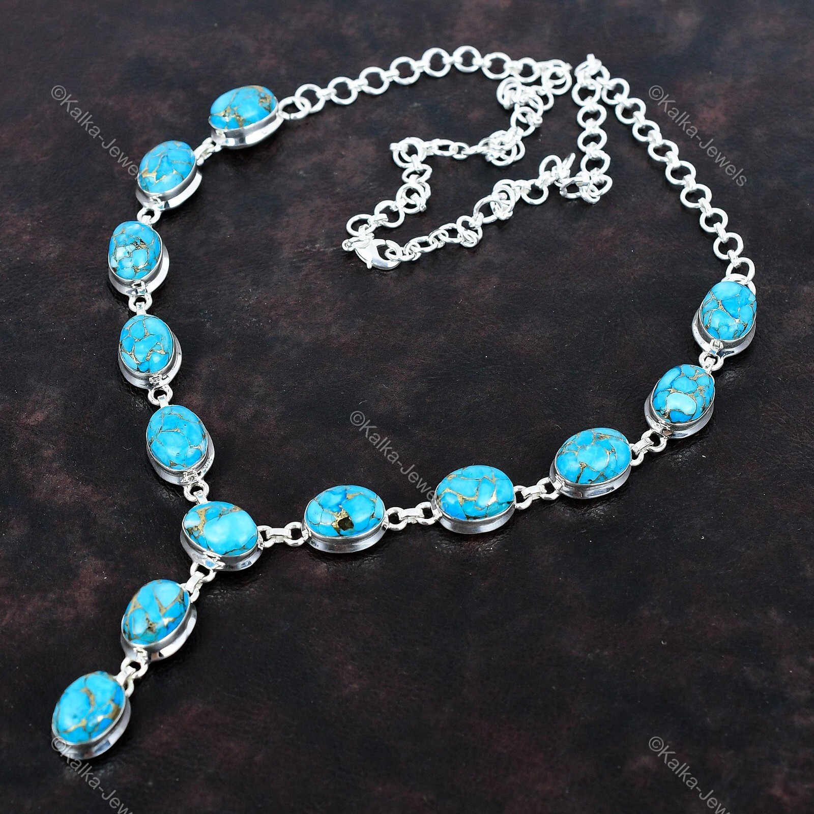 925 Silver Natural Copper Blue Turquoise Chain Birthday Wedding Necklace Jewelry