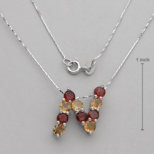 Initial N Necklace W/3.00ctw Genuine Citrine & Garnet in 925 Sterling Silver 16″