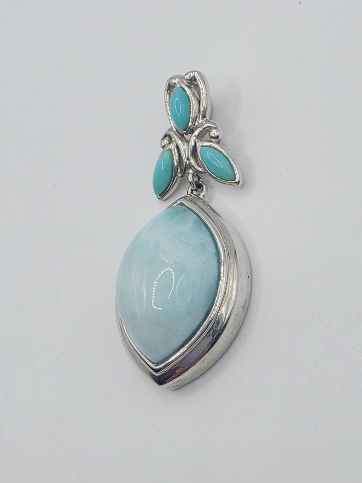 BBJ 925 Sterling Silver Larimar Pendant Thailand Blue Gemstone 9.2g Floral Leaf