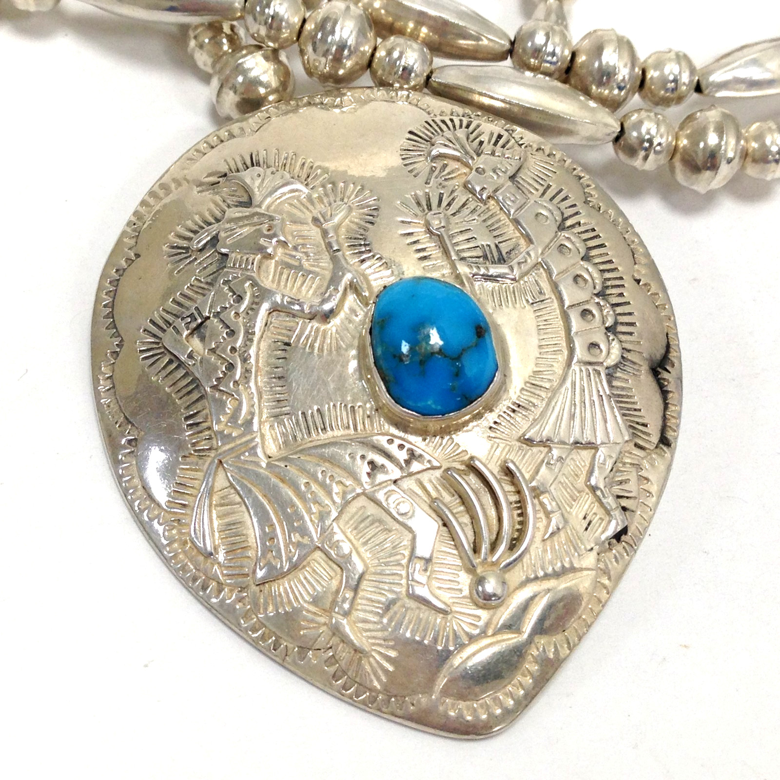 Sterling Silver Southwestern Kokopelli Shield Pendant Turquoise Necklace 23.5″