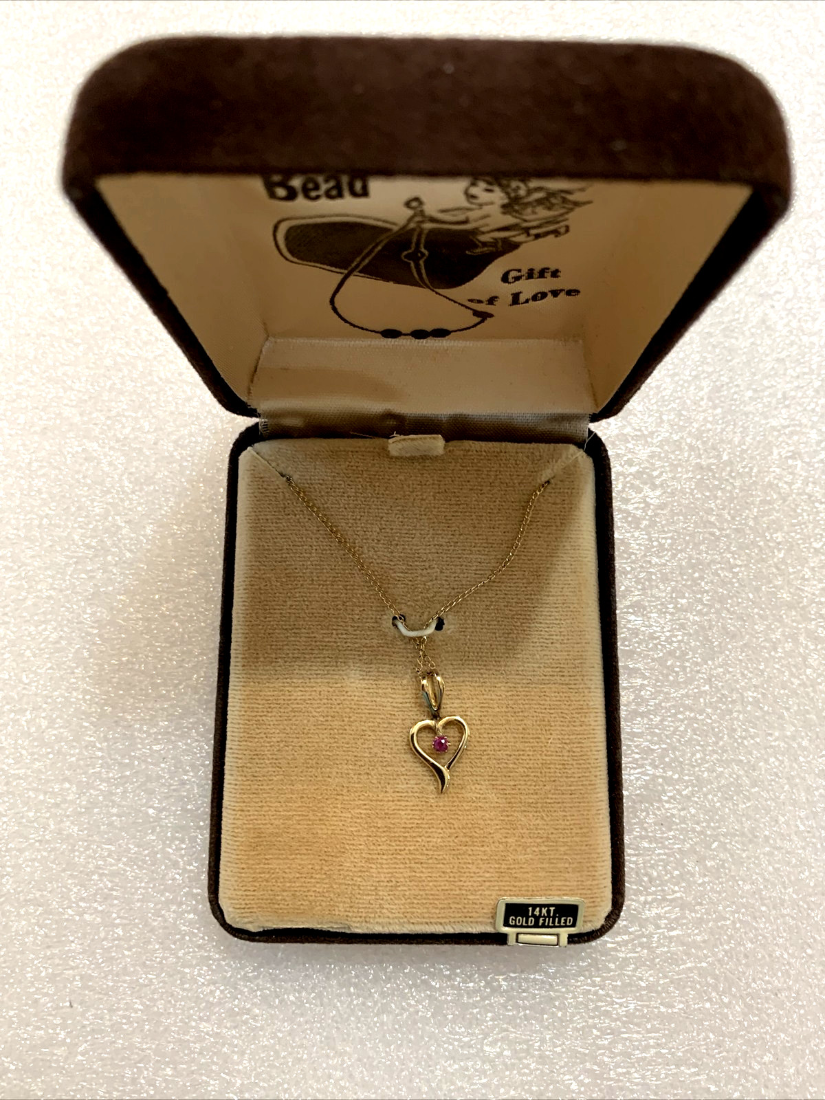 Vtg 14K GF Heart with Ruby 18″ Chain in Original Jewelers Box 1970s