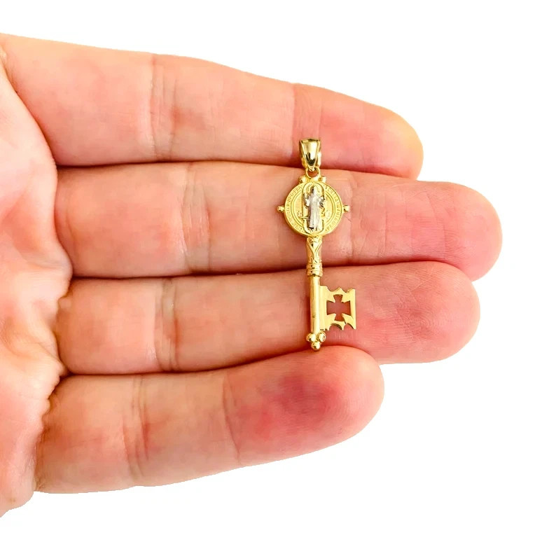 Small Tiny 14K Gold Saint Benedict Key Pendant – 1.3″ San Benito 2T Gold Charm
