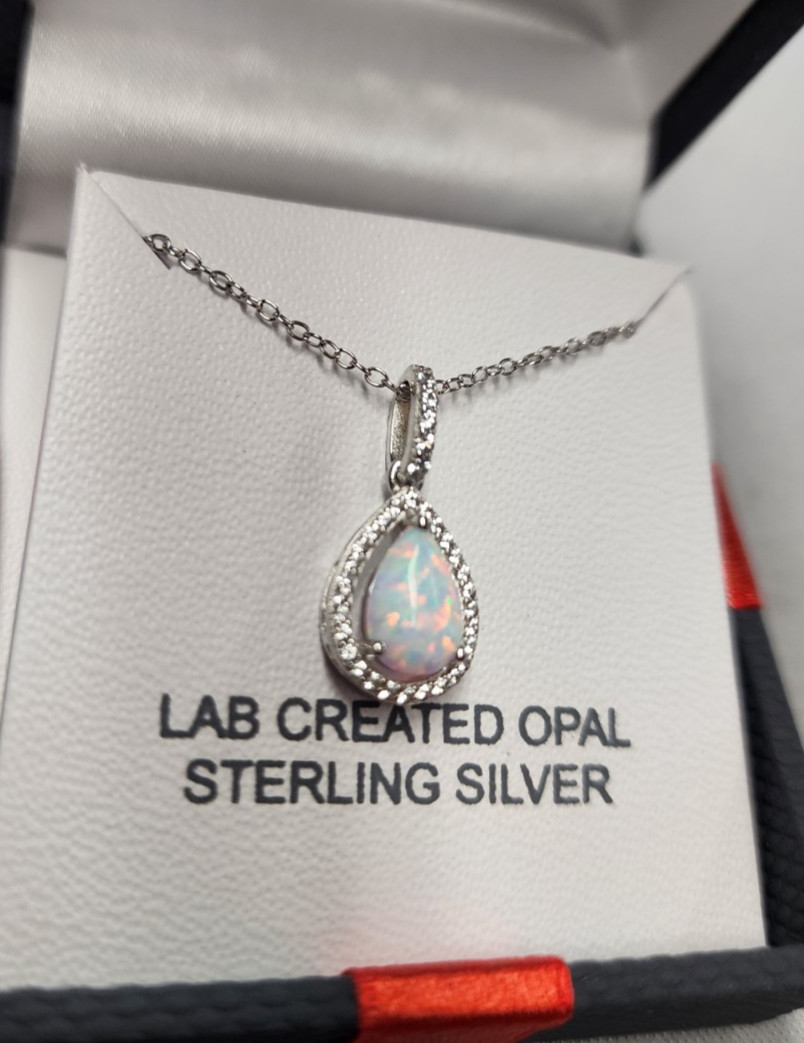 Yes, Please! Lab Created White Opal Pear Pendant Necklace 18″ Sterling Silver