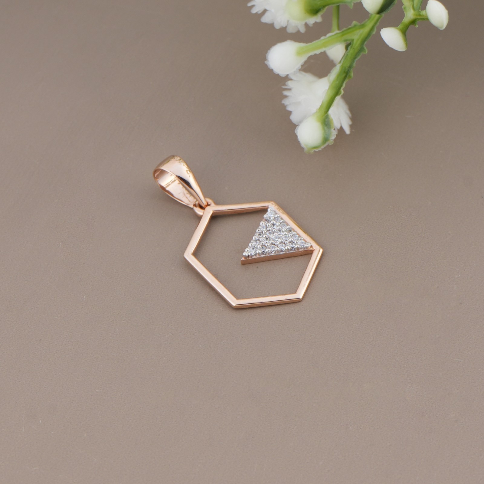 925 Sterling Silver Rose Gold Hexagon Pendant CZ Diamonds Unique Design