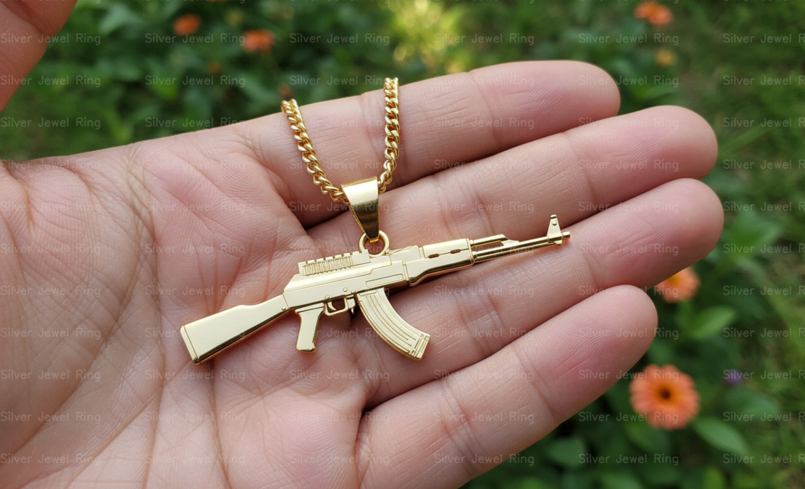 Silver Jewel Ring 925 Sterling Silver AK Style Rifle Pendant Necklace Men ‘s
