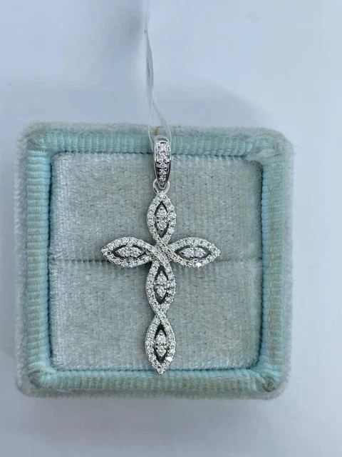 Real Moissanite 2Ctw Round Cut Cross Women’s Pendant 14K White Gold Plated Chain