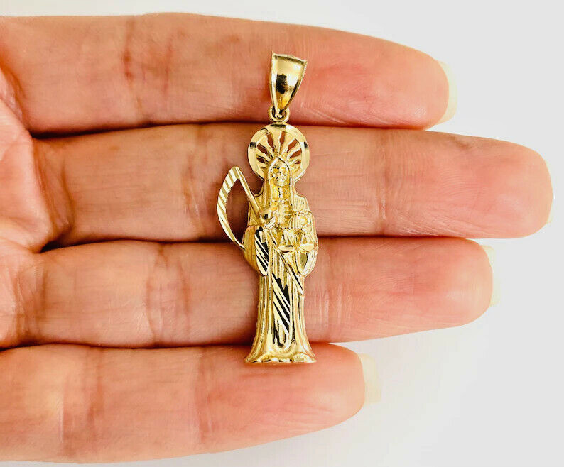 14K Solid Gold 1.5″ Grim Reaper, Holy Death Pendant-14K Gold Santa Muerte-PT1158