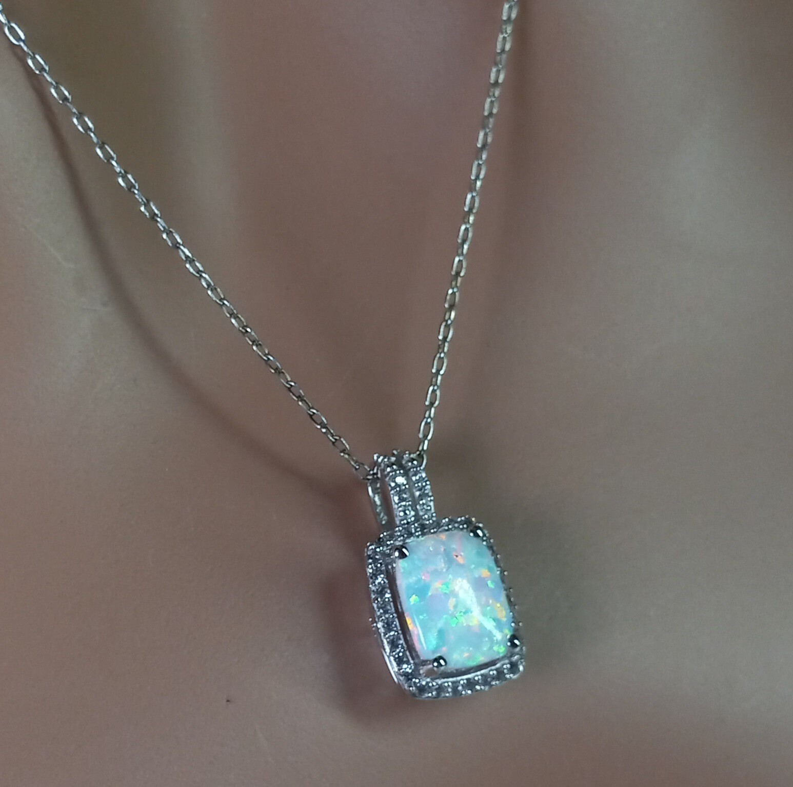 New Opal & White Sapphire Lab Created Sterling Silver 18″ Pendant Necklace