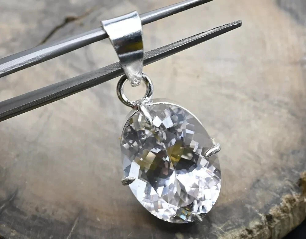 Natural Oval White Sapphire 24 Ct 925 Solid Silver Certified Gemstone Pendant