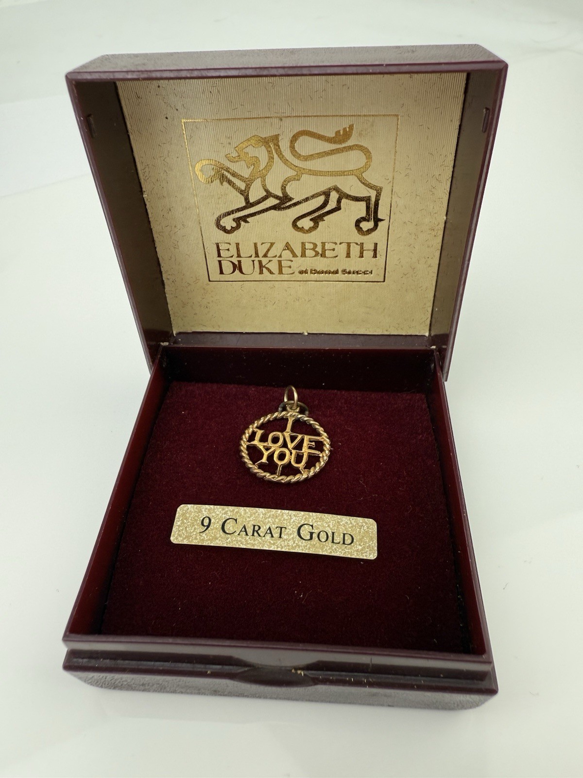 Elizabeth Duke 9ct Gold I Love You Pendant Charm Necklace Original Box