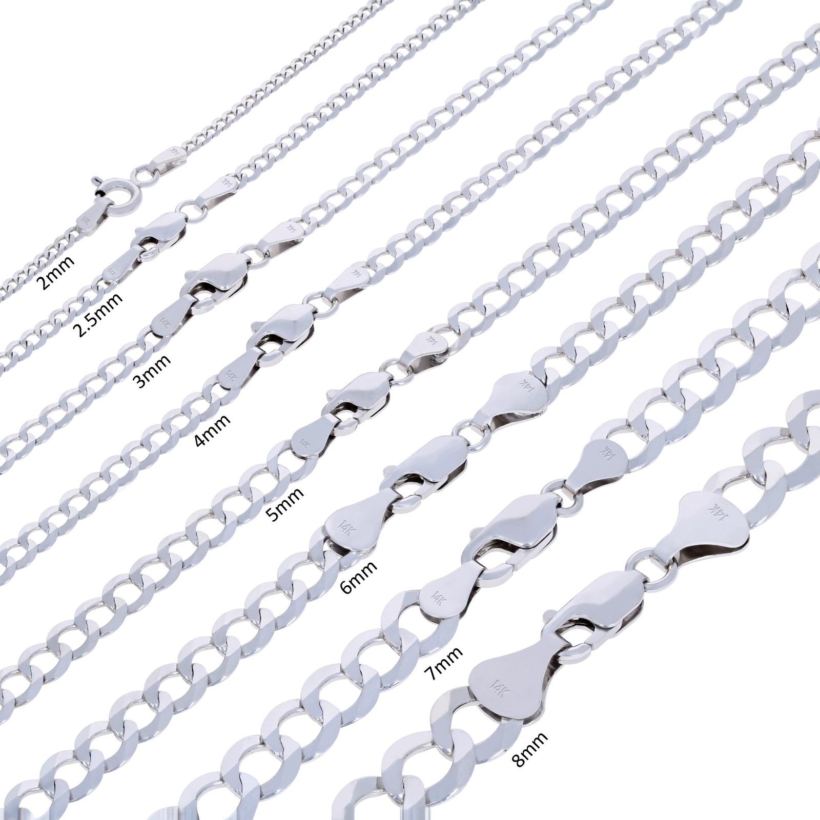 14K White Gold Solid 2mm-8.5mm Cuban Curb Link Chain Pendant Necklace 16″- 30″