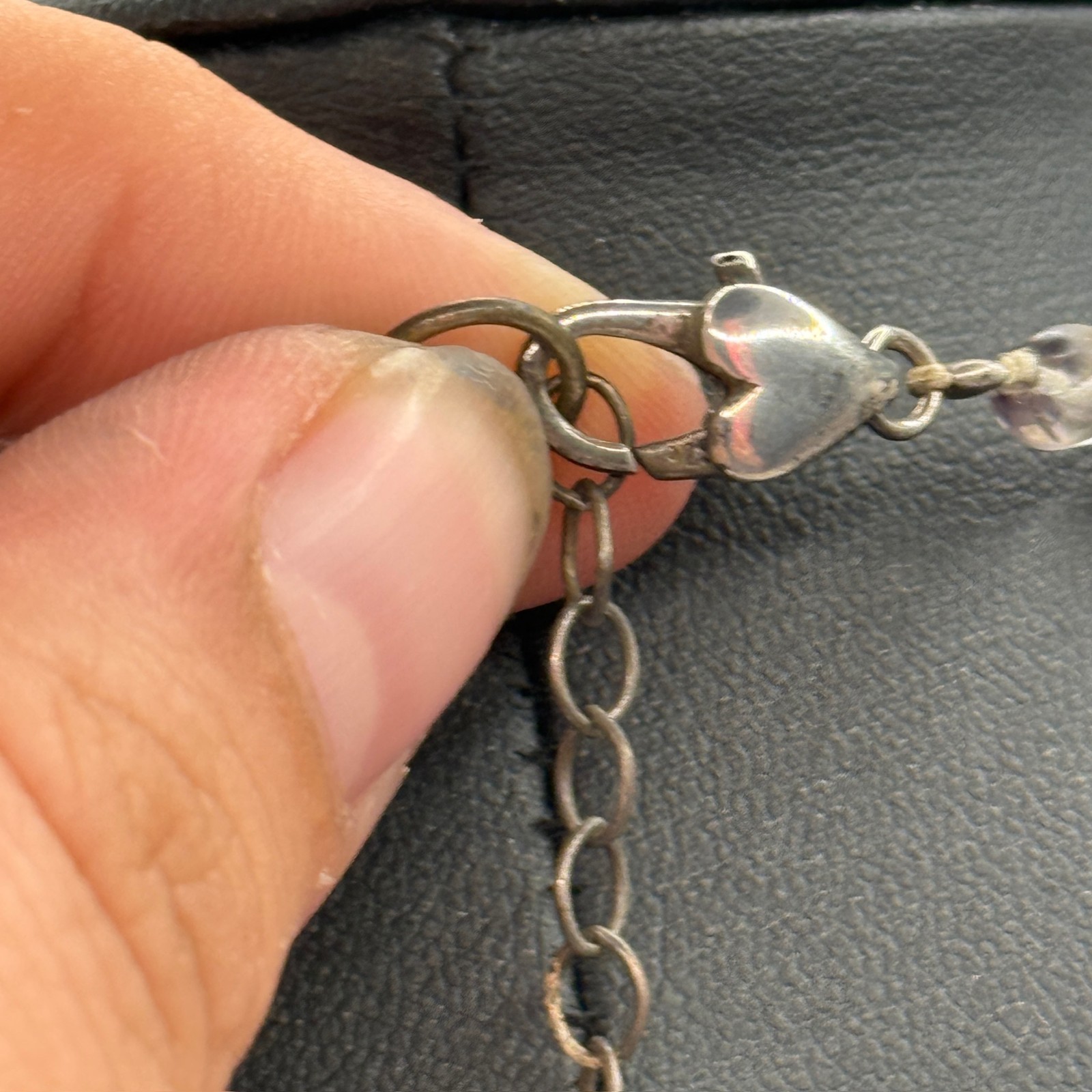 Vintage Grey Smokey Beaded Necklace 925 Sterling Silver Flower Pendant Boho Goth