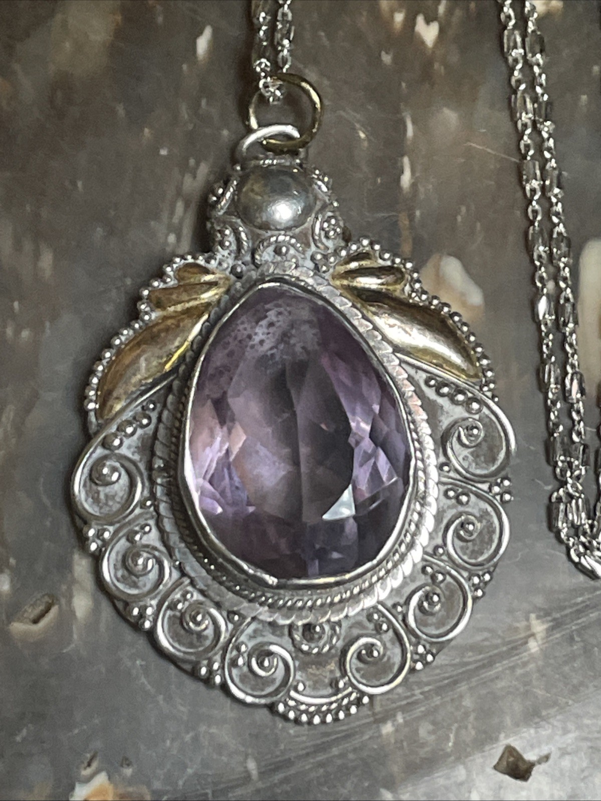 Faceted Amethyst And Sterling Silver Gold Accents Boho 23.5” Pendant Necklace