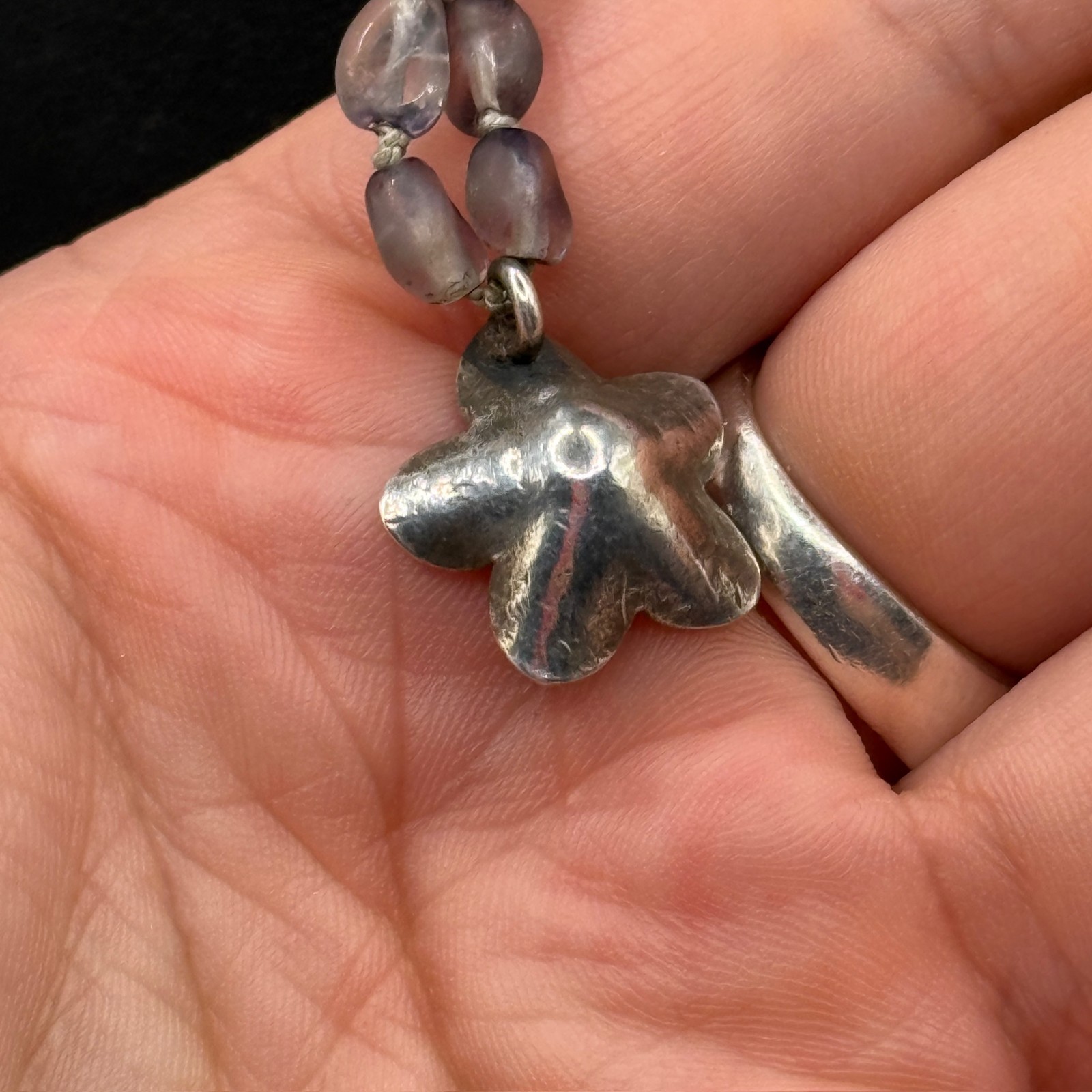 Vintage Grey Smokey Beaded Necklace 925 Sterling Silver Flower Pendant Boho Goth