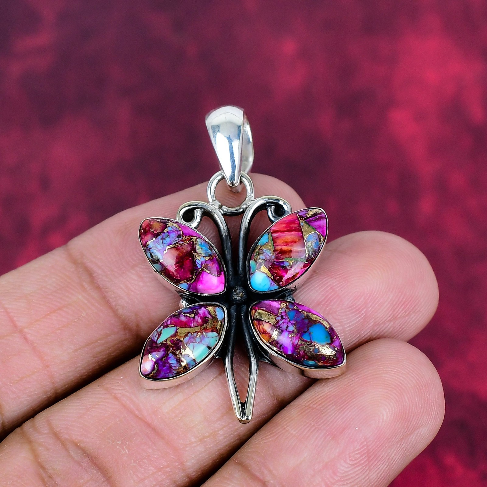 Pink Copper Turquoise Gemstone Handmade 925 Sterling Silver Jewelry Pendant