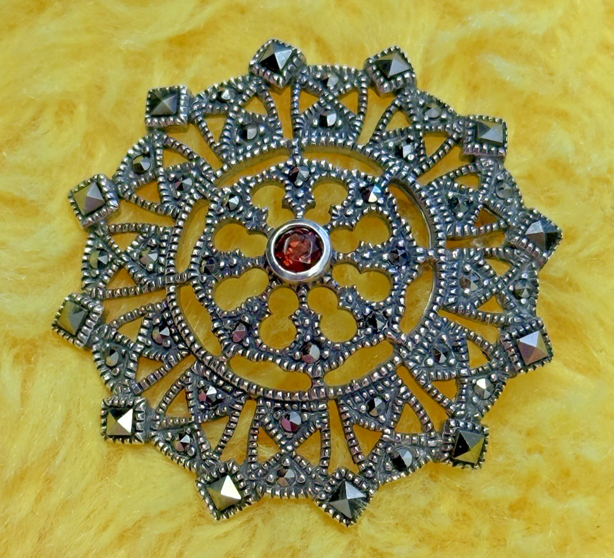 Vintage 925 Sterling Silver Marcasite Filigree Victorian Pendant with Garnet