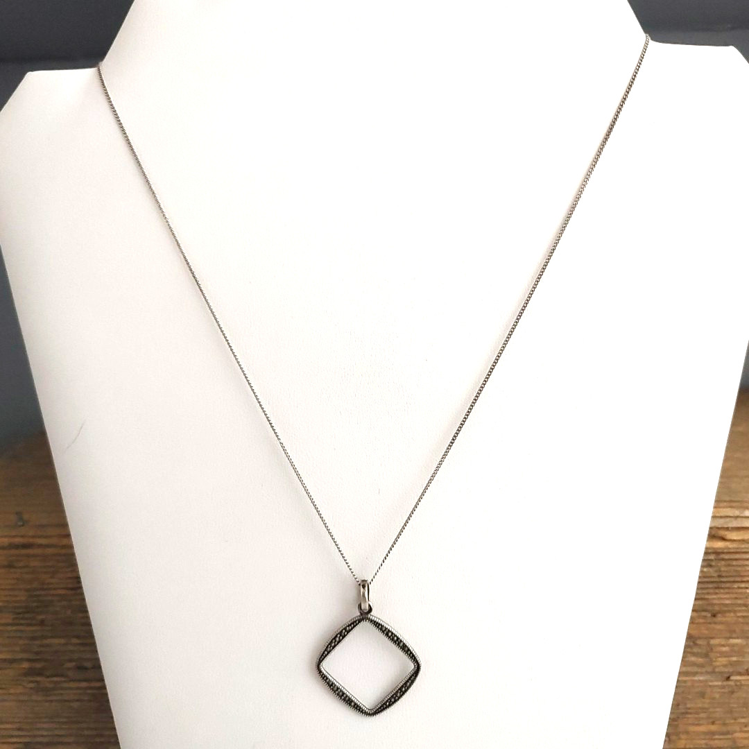 Sterling Silver Marcasite Pendant Necklace Open Square Bohemian Thailand 18”
