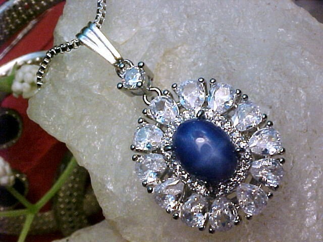 Genuine Blue Star Sapphire Pendant 8x6mm & White Topaz 925 SS White Gold Finish