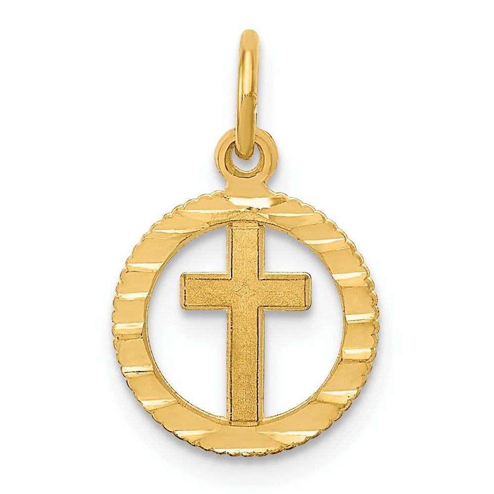 14K Yellow Gold Eternal Life Cross in Circle Charm Pendant 0.75 Inch