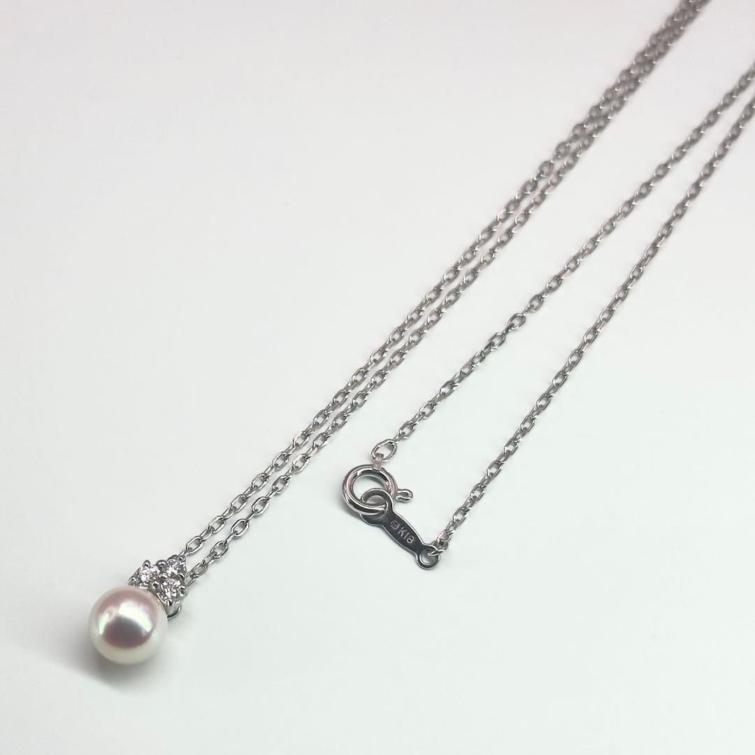 Auth MIKIMOTO K18WG 18K White Gold Akoya Pearl & Diamond Necklace 6.7mm 15.3″
