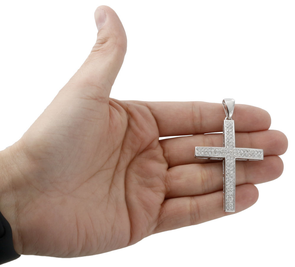 10K White Gold Mens Round Diamond Domed Cross Pendant 2.80″ Pave Set Charm 3 Ct.