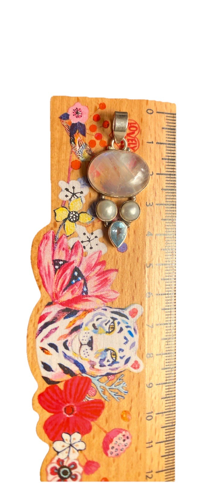 Moonstone, Aqumarine & Cultured Pearl Pendant 925 Silver 4cms Long 7 Grams