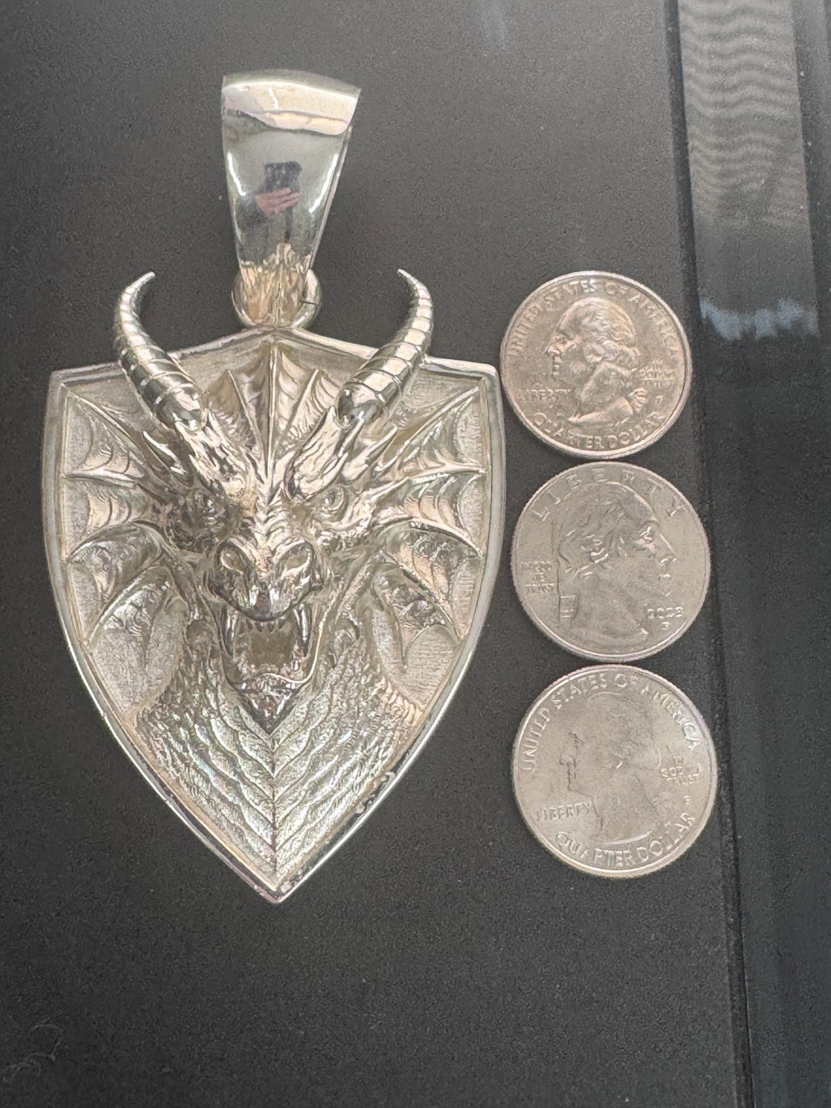 Dragon Shield Gallery Pendant 94.5g Solid Sterling Silver 925