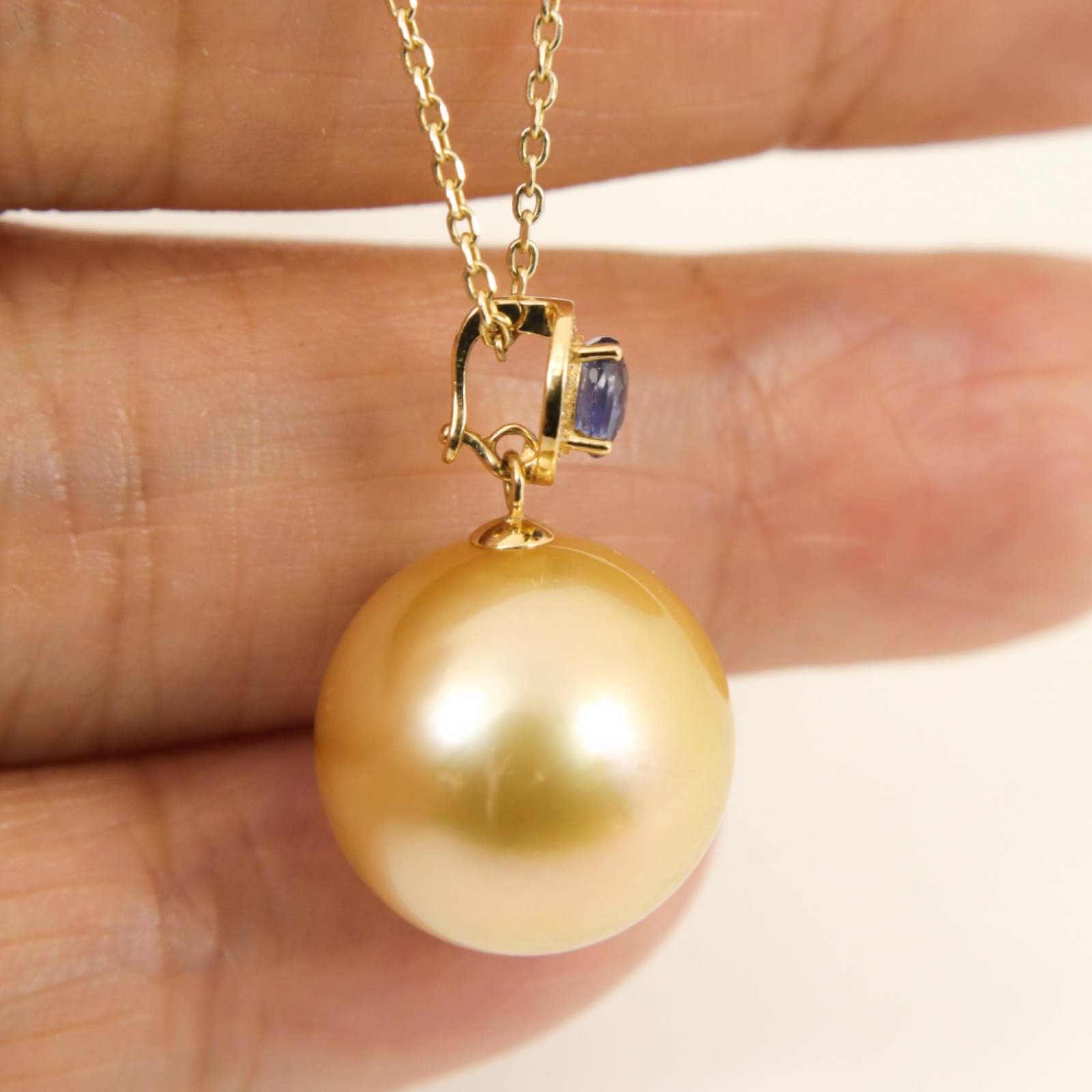 Massive 14mm Natural Golden South Sea Pearl Pendant w. Diamonds & Sapphire #113P
