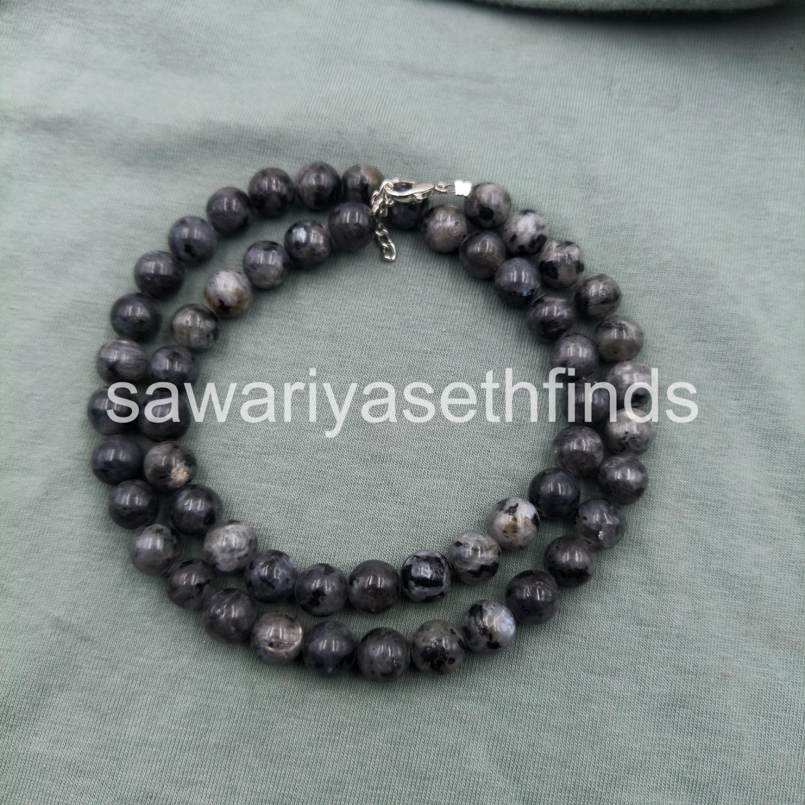 Labradorite Necklace 8mm Flashy Gray Gemstone, Sterling Silver Clasp, Natural Be