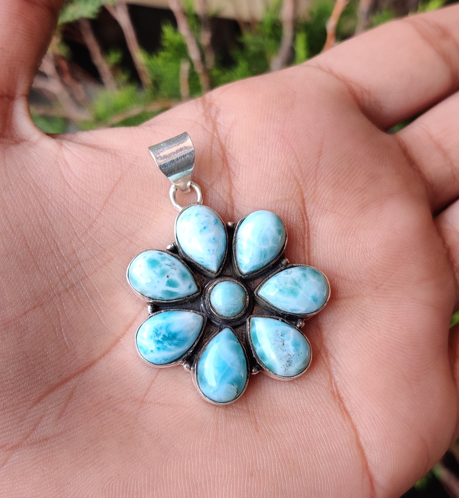 Rose Flower Larimar Gemstone Pendant 925 Sterling Silver Beautiful Pendant MK*