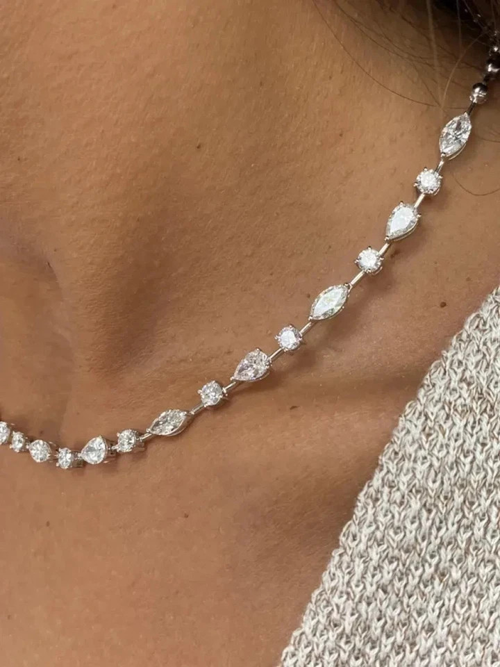 14K White Gold Plated VVS1 Moissanite Multi Shape Moissanite 18″ Tennis Necklace