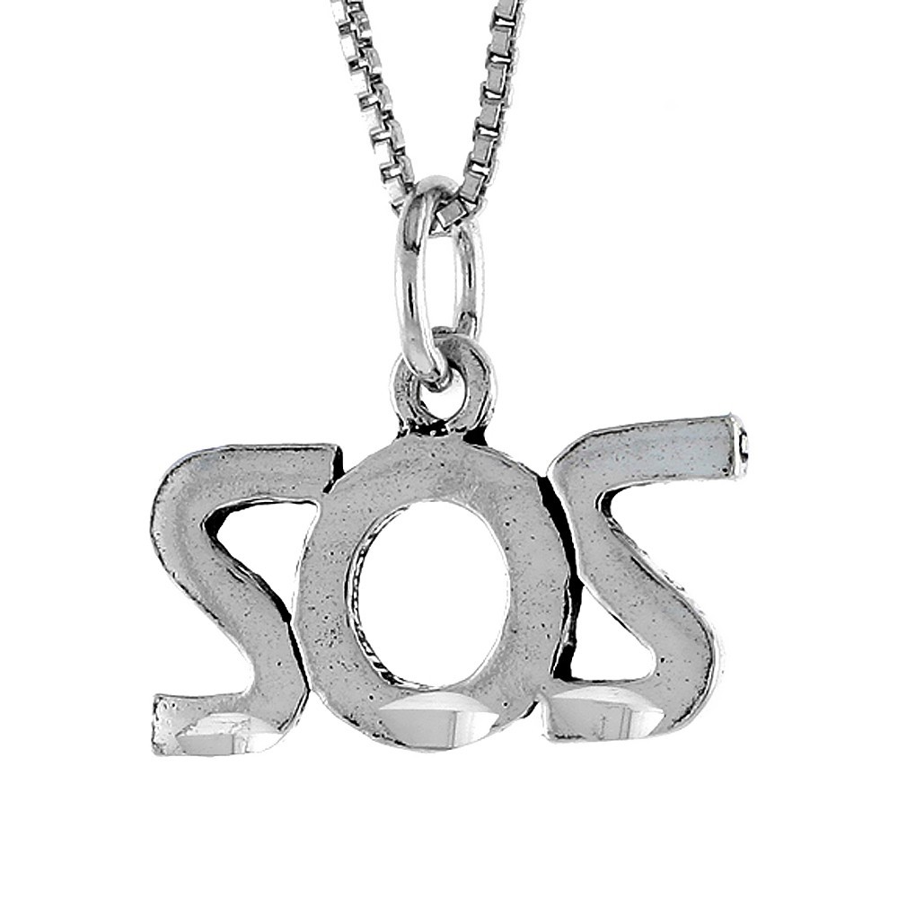 925 Sterling Silver Thin SOS Word Necklace with 18 Inch Long Box Chain