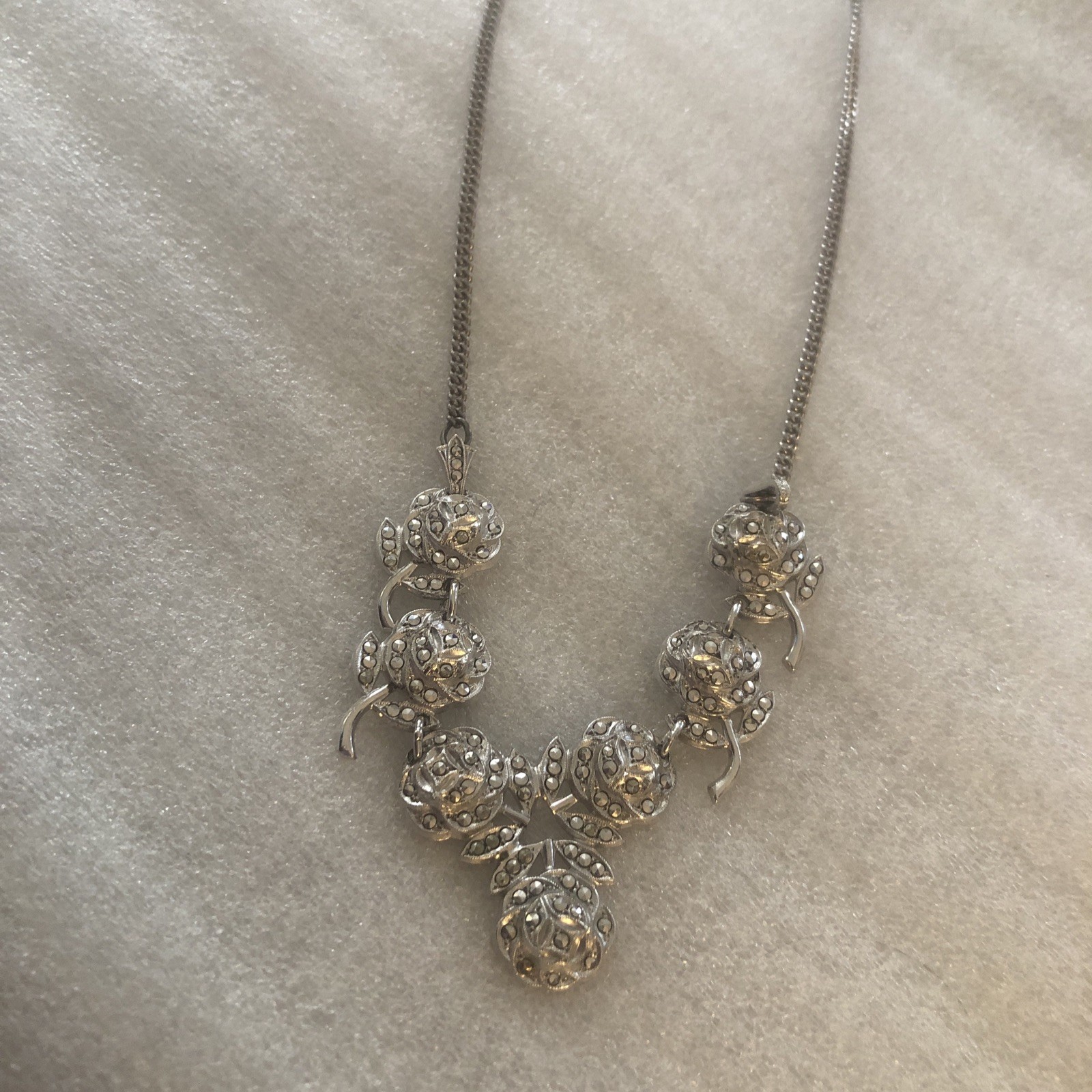 Sterling Silver Flower Necklace With Marcasite Gorgeous 17 Inches Long