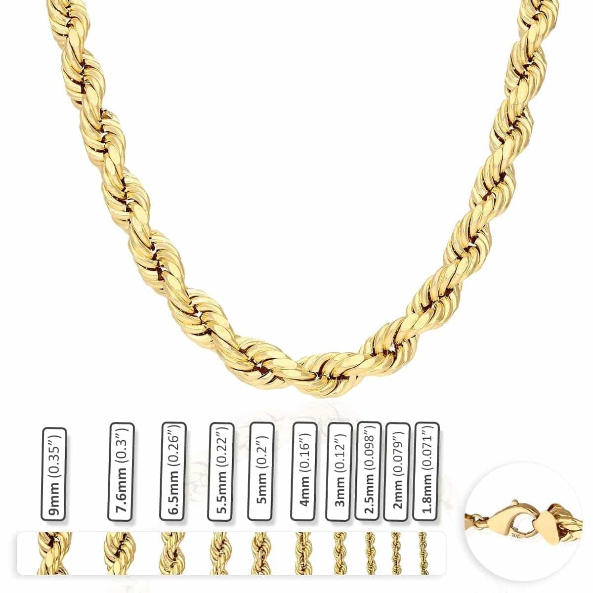 10K Real Gold 1.8mm-9mm Hollow Rope Chain Necklace 16″-30″