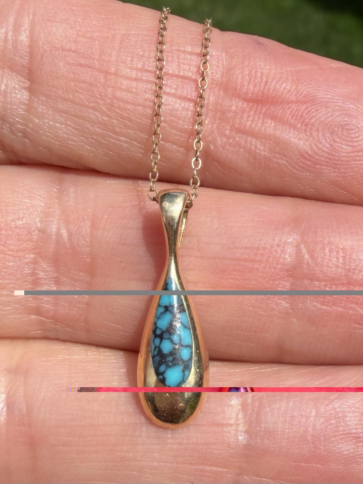Estate Kabana 14k Yellow Gold Turquoise Teardrop Pendant & 14k Chain Necklace