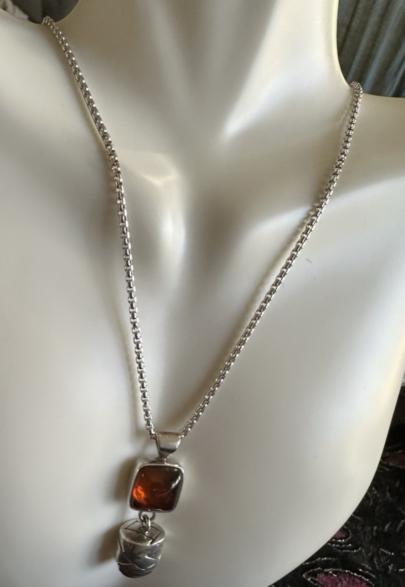 Lori Bonn Sterling Silver Two Piece Cognac Amber Dangle Pendant Necklace 18″