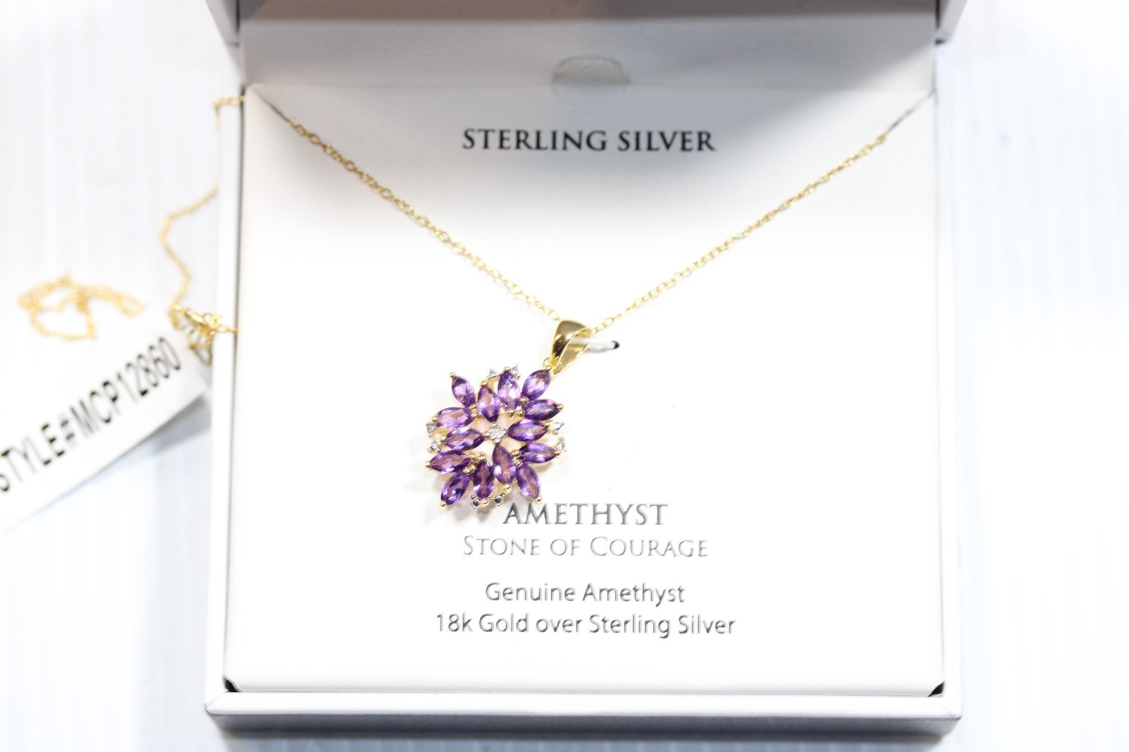 New 18K Gold Cluster Amethyst Diamond Necklace Modern NWT Tear Drop 18″ #121