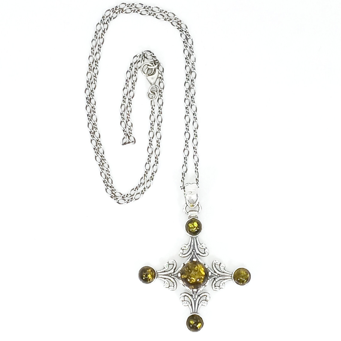 Vintage 925 Sterling Silver Antique Green Baltic Amber Quatrefoil Necklace