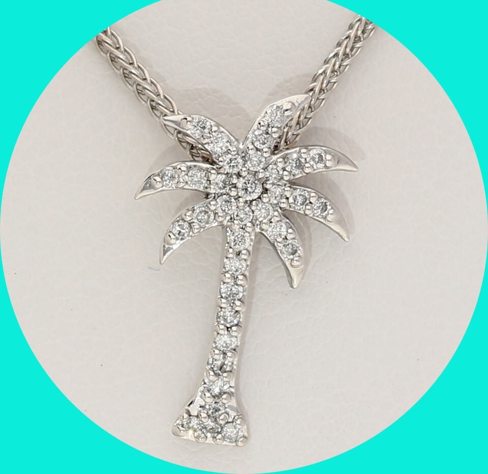 Natural Diamond Tiny Palm Tree Pendant Necklace .18CT 14K White Gold 16” Chain