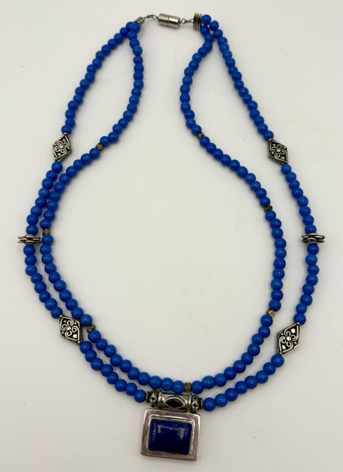 Sterling Silver & Lapis Necklace Double Strand Dyed Stone Beads Magnetic Close