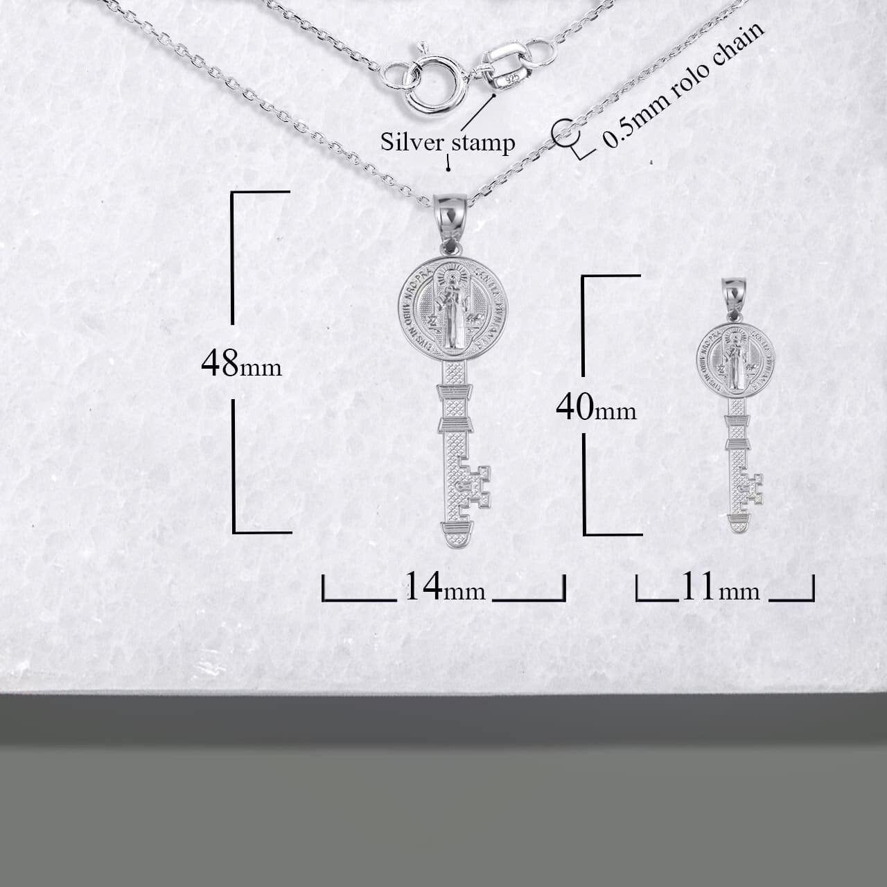 .925 Sterling Silver Saint Benedict Medal Key Reversible Pendant Necklace S/L