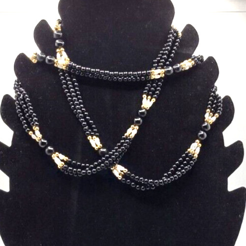 Necklace Black Onyx Beads 10kt Gold beads Angel Skin Rice Pearls 30″ Long